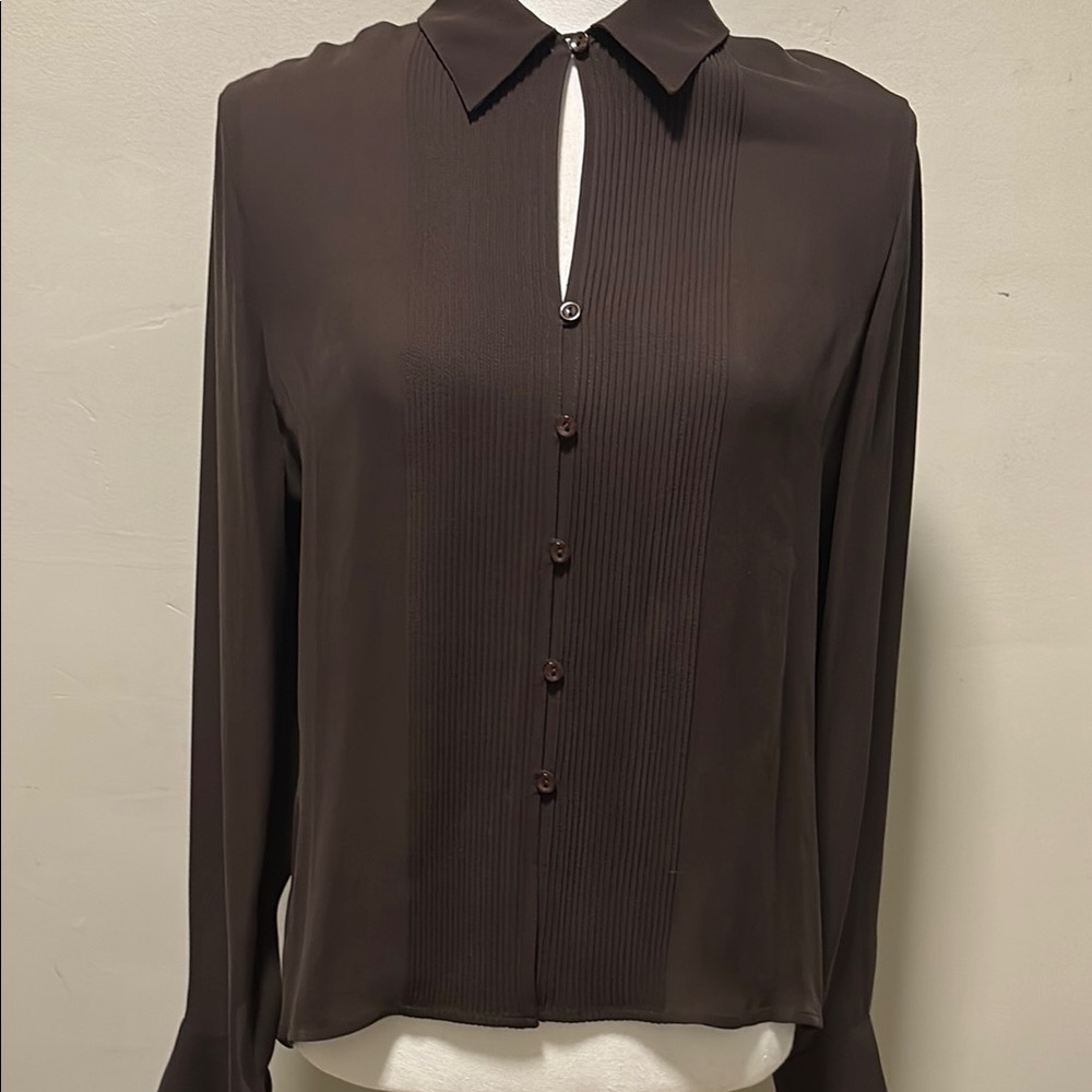Vintage Jones New York Brown Pleated Front Silk Button-Up Blouse